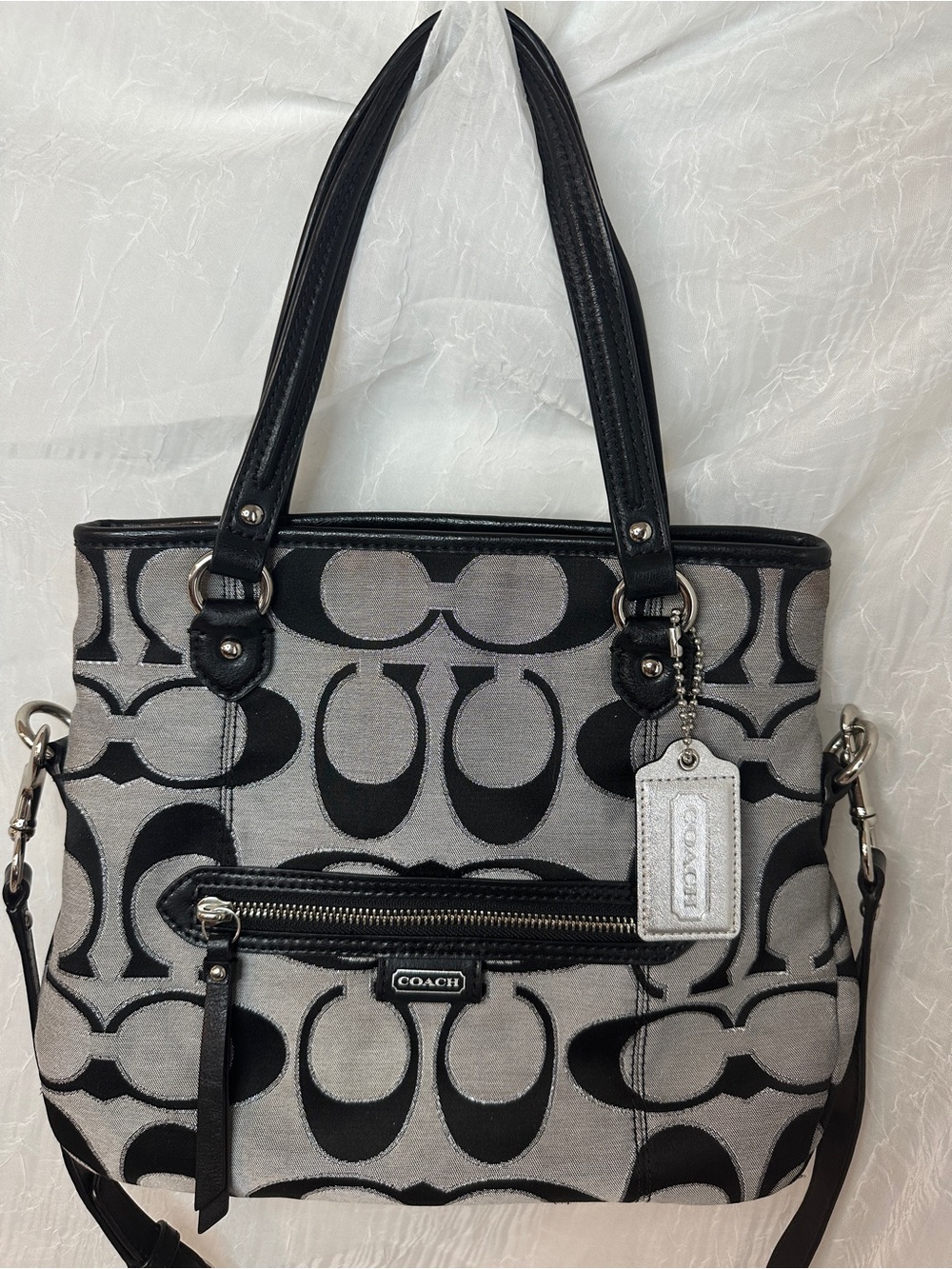 COACH Black, Gray, Silver Signature Shoulder Bag with Leather Trim
